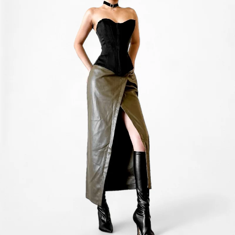 Zara Khaki Green High Waisted Faux Leather Front Slit Knee Length Skirt Size XS silk skirt luxurious