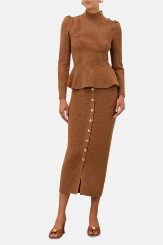 Crush Buttoned Tube Midi Skirt Tan